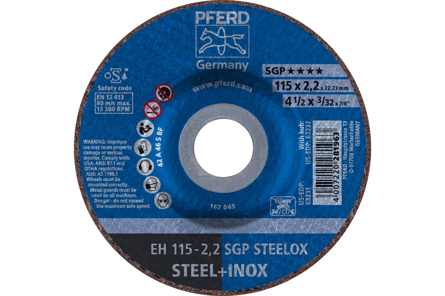 Picture of Pferd Cut-Off Wheel, 4-1/2" X 3/32 X 7/8, Sgp Steelox, T27, Aluminum Oxide